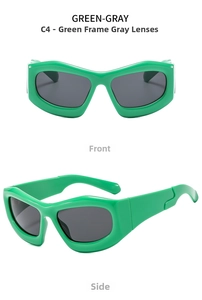 Front and side views of trendy chunky green bubble sunglasses with dark gray lenses