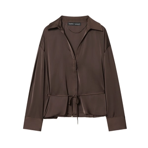 Chemisier En Satin Femme Col En V Manches Longues Taille Nouée Couleur Unie Texture Satin Élégant