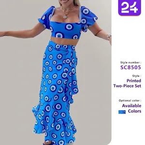 Conjunto de Falda de Tres Piezas Sexy para Mujer Estampado Mal de Ojo Top Bandeau Cami Falda Maxi con Abertura Talle Alto con Sombrero de Sol Atuendos de Playa