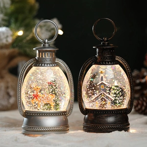 Lighted Christmas lanterns with elk and church scenes on a snowy festive background