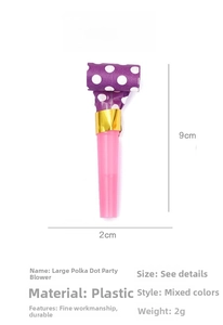 Detailed size specifications of purple polka dot party blowout with dimensions 9x2cm