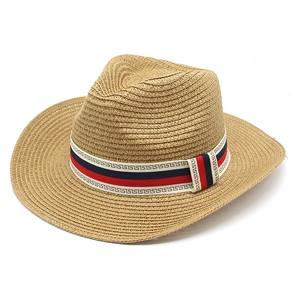 Western Cowboy Straw Hat Woven Wide Brim Sun Protection Summer Beach Travel Fedora With Striped Ribbon Greek Key Pattern Unisex
