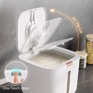 Minimalist white rice storage bin with 90-degree lid and rose gold one-touch button