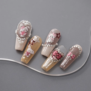 5D embossed press-on nails with cartoon rabbit and pearls in long trapezoid shape