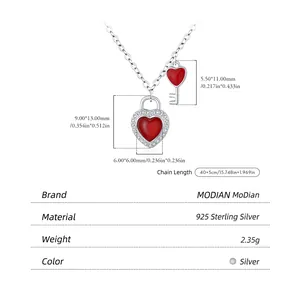 S925 sterling silver heart lock and key necklace with red enamel and pavé crystals