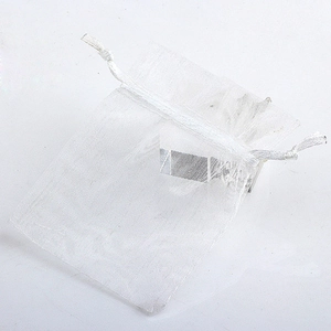 Minimalist white organza drawstring pouch for jewelry and gift packaging on white background