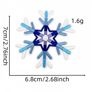 Detailed macro view showing the size and blue snowflake embroidery patch dimensions
