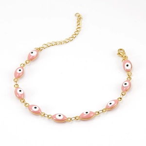 Pink evil eye charm bracelet in 18K gold plated stainless steel on white background