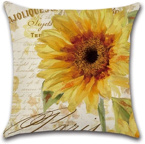 Vintage linen sunflower pillow cover featuring rustic yellow flowers and French script