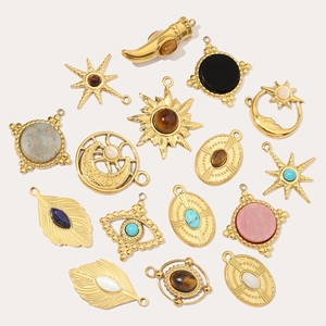 French vintage gold plated stainless steel sun and moon pendants with natural stones