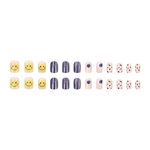 Plaid and smiley face press-on nail set with navy blue, pink, and cow print patterns
