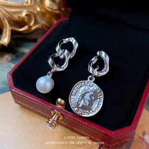 Asymmetric Earrings With Artificial Pearl And Metal Coin Pendant French Retro Vintage Style With 925 Sterling Silver Earring Post