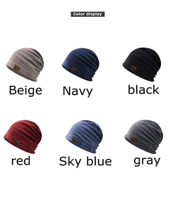 Grid display of cotton beanies in beige, navy, black, red, sky blue, and gray colors
