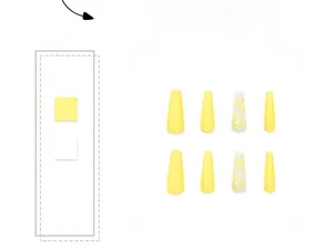 Detail of yellow long coffin press-on nails with white daisy floral patterns