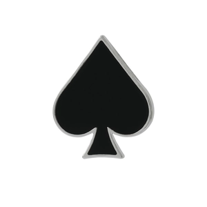 Classic silver-edged black spade ace playing card brooch with smooth enamel finish