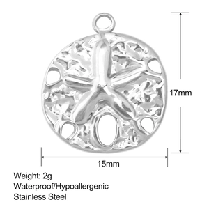 Detailed size chart of stainless steel starfish pendant measuring 17mm by 15mm in silver
