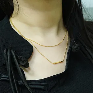 Minimalistische Edelstahl Doppellagige Kugelkette Halskette Für Damen 18K Vergoldet Geometrischer Stab Anhänger Lagen-Choker Schmuck