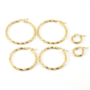 3-pair set of gold stainless steel hoop earrings in twisted and smooth textured designs