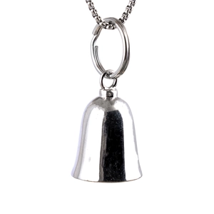 Polished silver motorcycle guardian bell pendant with circular ring on a necklace