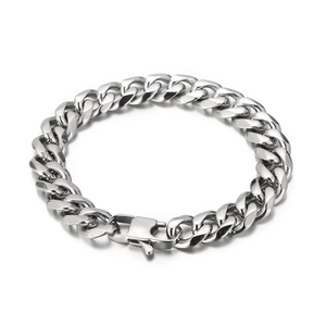 Bracelet à maillons cubains en acier inoxydable poli argenté avec fermoir carré pour hommes