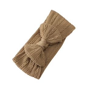 High-elastic nylon jacquard baby headband with large knit bow in beige brown color