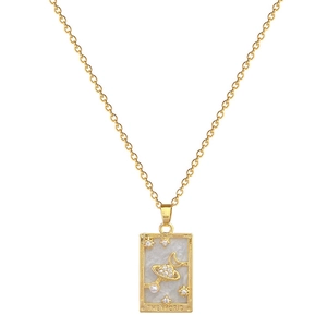 Titanium steel tarot necklace with pearl moon and stars the world pendant in gold