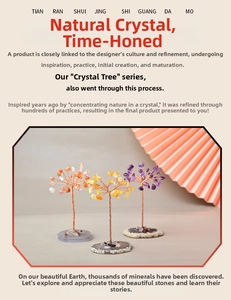 Detailed view of handmade crystal trees with agate bases in purple, yellow, and orange tones