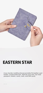 Detail view of lavender PU leather passport holder with gold leaf metal buckle and slots