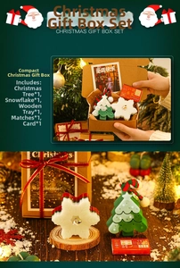 Christmas candle gift set with green tree candle, snowflake, wooden tray and matches