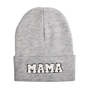 Light gray knit beanie with MAMA embroidery, outdoor winter thermal headwear for women