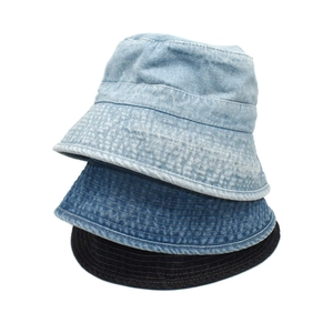 Classic washed denim bucket hats in light blue, mid blue and black for casual sun protection