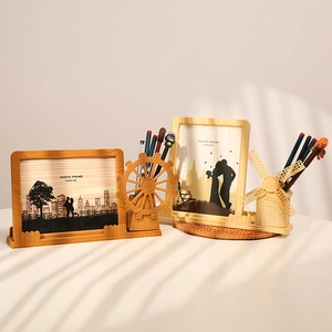 Cadre photo créatif en bois moulin à vent avec porte-stylo et organisateur de bureau