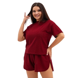 Women's burgundy knit two-piece pajama set with hollow out t-shirt and shorts