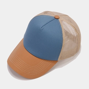 Three-tone mesh trucker hat with blue front panel and breathable back for sun protection