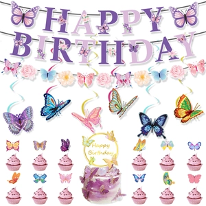 Butterfly Birthday Party Decorations Paper Banner Garland Hanging Swirls Cupcake Toppers For Girls Kids Event Theme
