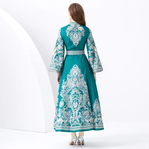 Robe longue vintage vert foncé à imprimé cachemire avec col officier et manches évasées