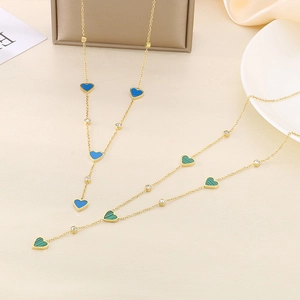 Y-shape gold titanium steel heart necklaces with blue and green enamel and zircon accents