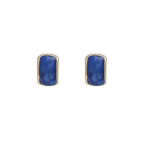 Elegant rectangular blue enamel stud earrings with gold plating on a white background