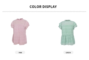 Detailed comparison showing pink and green floral print tops with flutter sleeves