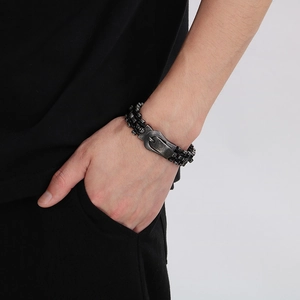 Men's punk lion head braided leather bracelet with vintage steel buckle on wrist