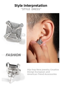 Detailed views of hip-hop style square zircon stud earrings with dragon claw setting