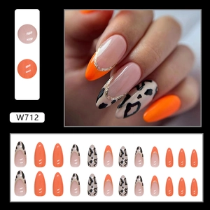 Almond-shaped press-on nails in orange and cow print with glitter French tips, 24 pieces