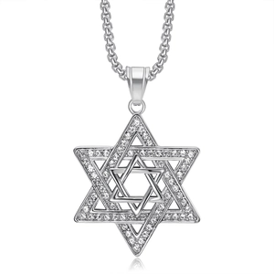 Silver Star of David necklace with crystal inlay and box chain on white background