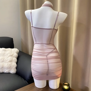 Pink mesh see-through mini dress with pleated design and thin straps for women