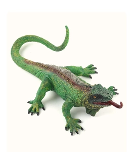 Macro shot showing realistic skin texture and tongue detail of a green lizard toy