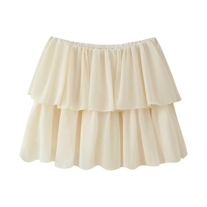 Completo due pezzi da donna con minigonna in chiffon albicocca, balze e vita elasticizzata