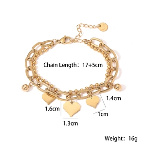 18K gold plated stainless steel double layer bracelet with three heart pendants