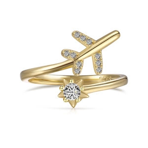 Exquisite S925 sterling silver open ring featuring a gold airplane and zircon star design