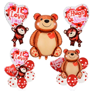 Brown teddy bear balloon with heart balloons for Valentine's Day party decoration
