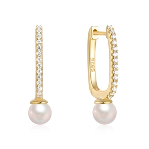 Elegant S925 sterling silver U-shaped hoop earrings with sparkling zircon and white pearls
